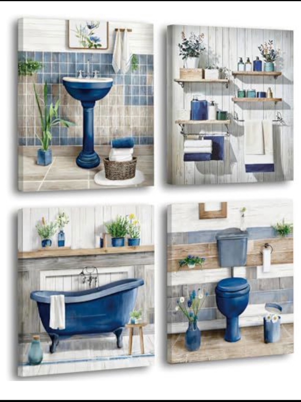 Amazon Blue Coastal Bathroom Canvas Wall Art Set
